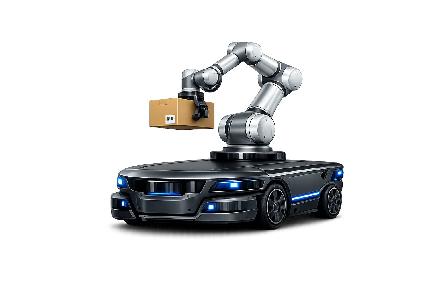 Autonomous wheeled robot with a collaborative arm lifting a packed carton